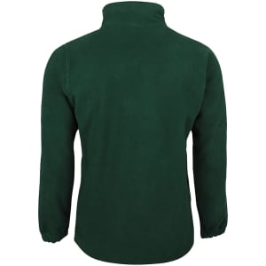 A dark green polar fleece jacket with a high collar and long sleeves, featuring a logo on the back.