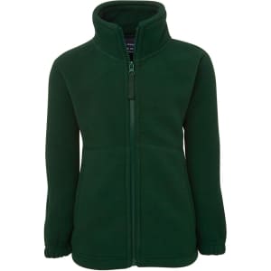 A green polar fleece jacket with a high collar and front zip, featuring side pockets and elastic cuffs.