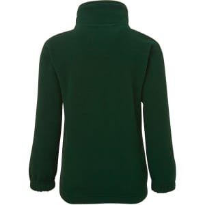 A polar fleece jacket in dark green, featuring a high collar and long sleeves. The back view illustrates the design and fit.
