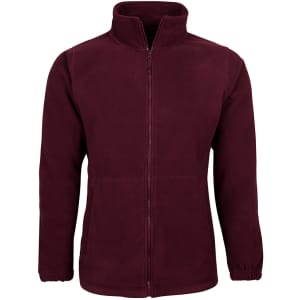 A burgundy polar fleece jacket with a full zip and two front pockets, featuring a logo on one side.