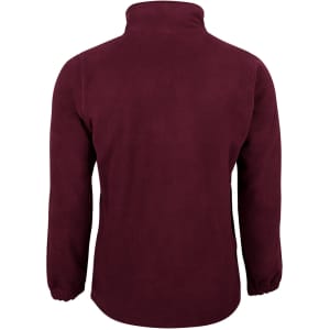 A maroon polar fleece jacket with a high collar and elastic cuffs, featuring a logo on the back.