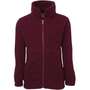 A maroon polar fleece jacket with a full zip, high collar, and front pockets, featuring a logo on the label.