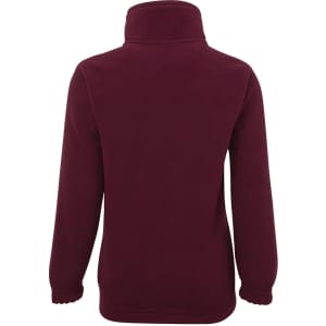 A burgundy polar fleece jacket with a high collar and long sleeves, featuring a logo.