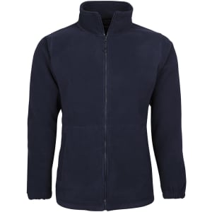A navy polar fleece jacket featuring a zip front and pockets, with elastic cuffs and a stand-up collar.