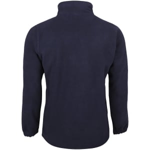 A navy polar fleece jacket featuring a high collar and long sleeves, with a branding logo on it.