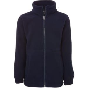 A navy polar fleece jacket with a full zip, high collar, and side pockets. It features a logo on the chest.