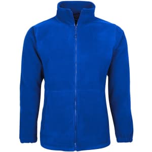 A polar fleece jacket in vibrant blue with a high collar and zip-up front, featuring side pockets and elasticated cuffs.