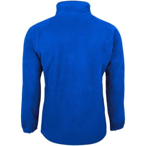 A blue polar fleece jacket featuring a high collar and elasticated cuffs, with a logo on the back.