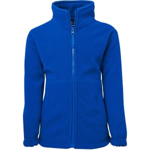 A blue polar fleece jacket with a high collar and zip front, featuring a logo on the chest.
