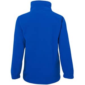 A blue polar fleece jacket featuring a high collar and elasticised cuffs, with a plain rear view.