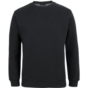 A black jumper with a crew neck and long sleeves. It features a solid design and includes a branding logo.