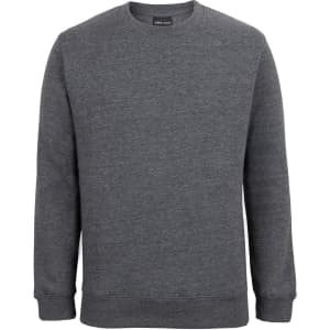 A grey jumper featuring a simple crew neck design and ribbed cuffs and hem. It has a branding label inside.