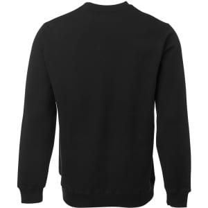 A black jumper with a plain back design, featuring long sleeves and a round neckline. It has a branding logo.