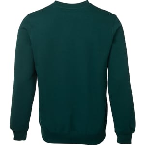 A green jumper with long sleeves and a rounded neckline, featuring ribbed cuffs and hem. There is a logo on the back.