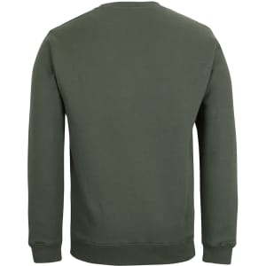 A khaki green jumper with a simple design, featuring a crew neck and long sleeves. It has a logo on the back.