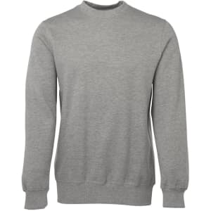 A grey sweater with a round neckline and long sleeves. The product features a branding logo.