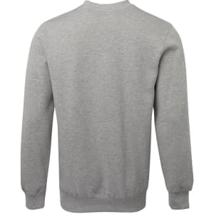 A grey jumper with a round neck and long sleeves, featuring a plain back design and elasticised cuffs.