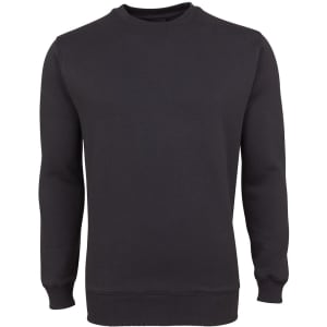 A black jumper with long sleeves and a round neckline, featuring a plain design and a logo.