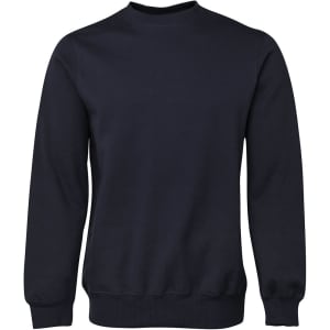 A navy blue jumper with a round neckline and long sleeves, featuring ribbed cuffs and hem. It has a logo.