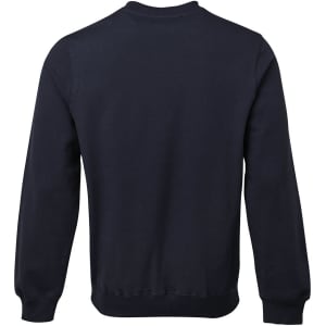 A navy blue jumper with a crew neck and long sleeves. The back view is displayed. It has a logo.