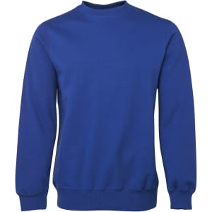 A blue jumper with a round neckline and long sleeves, featuring a plain design and a logo.