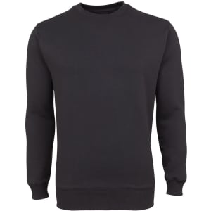 A black jumper with a crew neck and long sleeves, featuring a fitted waistband and cuffs. It has a logo on the front.