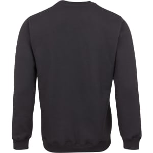 A black jumper with long sleeves and a round neckline, featuring a plain design and a label on the back.