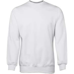 A plain white jumper with long sleeves and a round neckline, featuring a ribbed hem and cuffs.