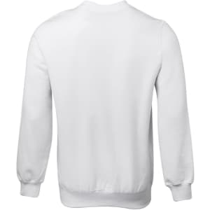 A white jumper with long sleeves and a ribbed hem, featuring a plain back design.