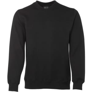 A black V-neck fleece jumper featuring long sleeves and a ribbed hem. It has a logo on the label.