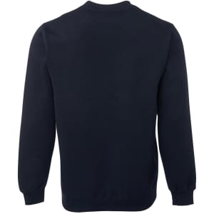 A navy V-neck fleece jumper with long sleeves and a plain back, featuring a logo on the fabric.
