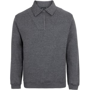 A dark grey 1/2 zip fleecy jumper featuring a collar and long sleeves, with a subtle logo.