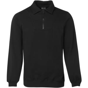 A black 1/2 zip fleecy jumper featuring a collar and long sleeves, with a logo on the label.