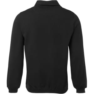A black half-zip polar fleece jumper with long sleeves and a collar, featuring a logo.