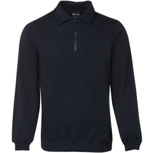 A navy 1/2 zip fleecy jumper featuring a collar and ribbed cuffs. Includes a logo on the front.