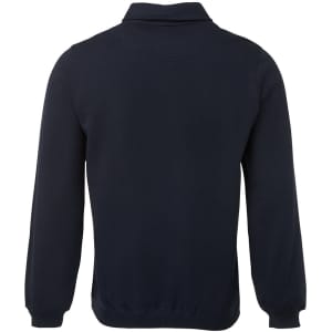 A navy 1/2 zip fleece jumper with long sleeves, featuring a collar and a branded logo.