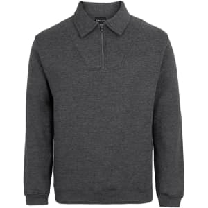 A dark grey polar fleece jumper featuring a half-zip collar and long sleeves. It has a logo on the front.