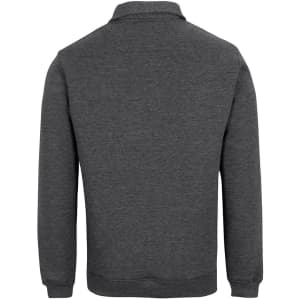 A dark grey polar fleece jumper featuring a half zip and long sleeves. It has branding on the back.