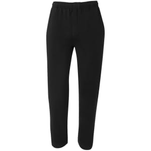 A pair of black fleecy sweat pants with an elastic waistband and a logo.