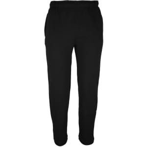 Black fleecy sweat pants with an elastic waistband and side pockets. Features a logo on the waistband.