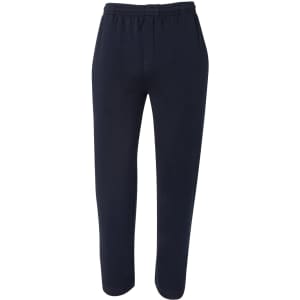 Navy fleece track pants with an elasticised waistband and a branded logo. Suitable for casual wear.
