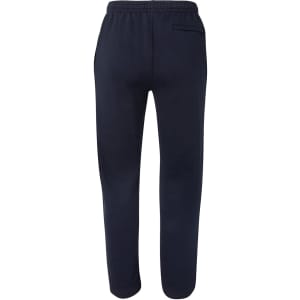 A pair of navy blue fleecy sweat pants with a relaxed fit and an elastic waistband. Features a back pocket and a logo.