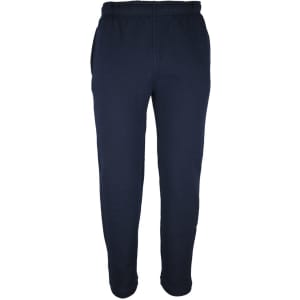 Navy blue fleece track pants with an elastic waistband and side pockets, featuring a logo.