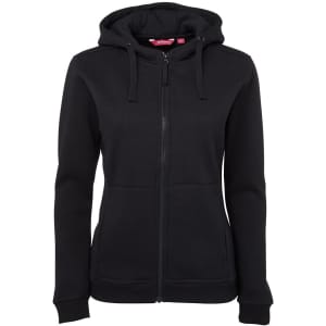 A black full zip fleece hoodie for women with a hood and front pockets, featuring a logo.