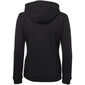 A black ladies' full zip fleece hoodie featuring a hood and a fitted design. It includes branding on the back.