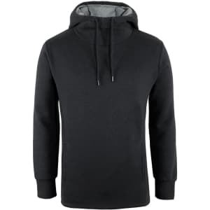 A black sports hoodie with a grey interior, featuring a hood and side pockets. It has a logo on it.