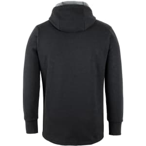 A black hoodie with a grey-lined hood, featuring a logo on the back. Designed as a casual jumper.