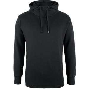 A black hoodie featuring a drawstring hood and a minimalist design, with a logo on the front.