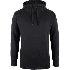 A black hoodie with a drawstring hood, featuring a sleek design and a subtle logo.