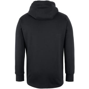 A black hoodie with a kangaroo pocket and a hood, featuring a logo on the back.